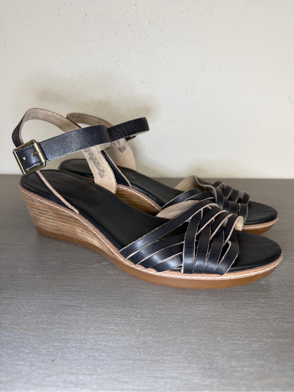 Timberland Earthkeepers Wollaston Leather Wedges Black Leather Sandals Size 7.5